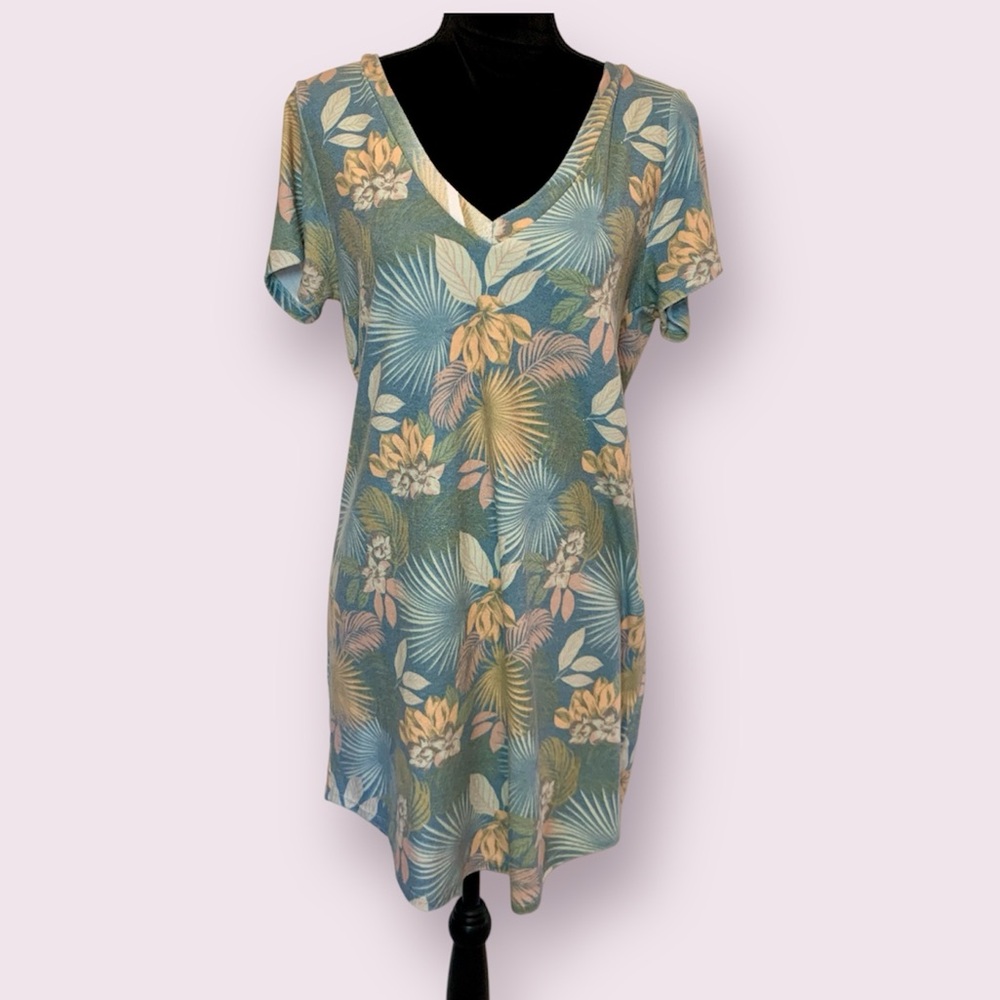 Chaser Tropical Floral Print Tee Shirt Dress Blue Orange Pink Size Large